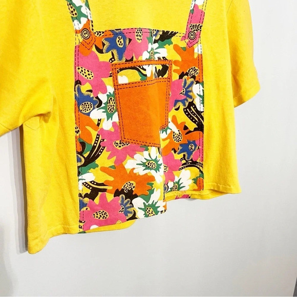 sale 90s Single Stitch Yellow Floral Overall Printed Cropped T-Shirt M - Picture 6 of 12